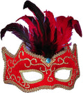 Red With Gold Masquerade Half Mask With Red Feathers