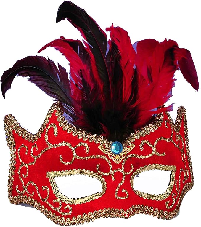 Red With Gold Masquerade Half Mask With Red Feathers