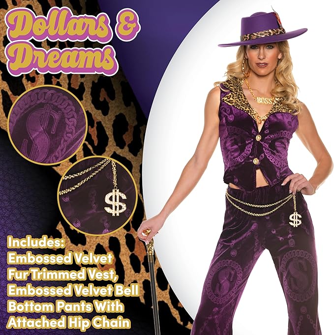 Sexy Velvet Pimp 70's Retro Disco Women Purple Dollars & Dreams Costume