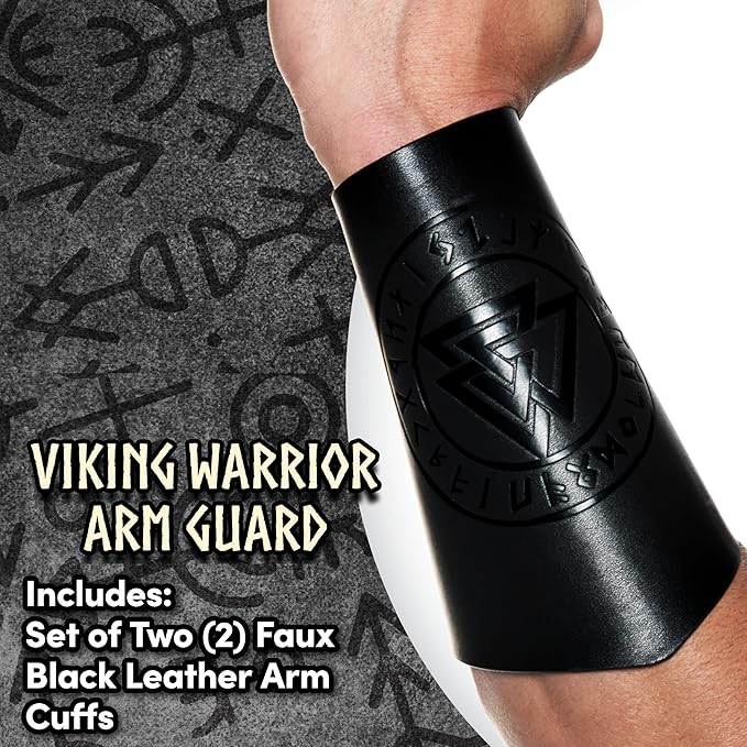 Adult Faux Leather Cuff Bracelet Embossed Black Viking Arm Guards Costume Accessories