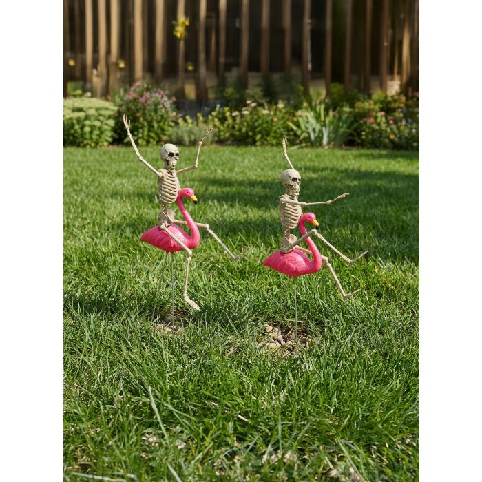2 Flamingo Racers With Skeleton Riders Yard Prop