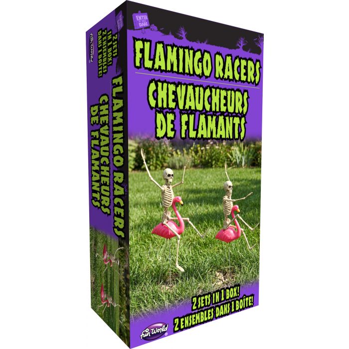 2 Flamingo Racers With Skeleton Riders Yard Prop