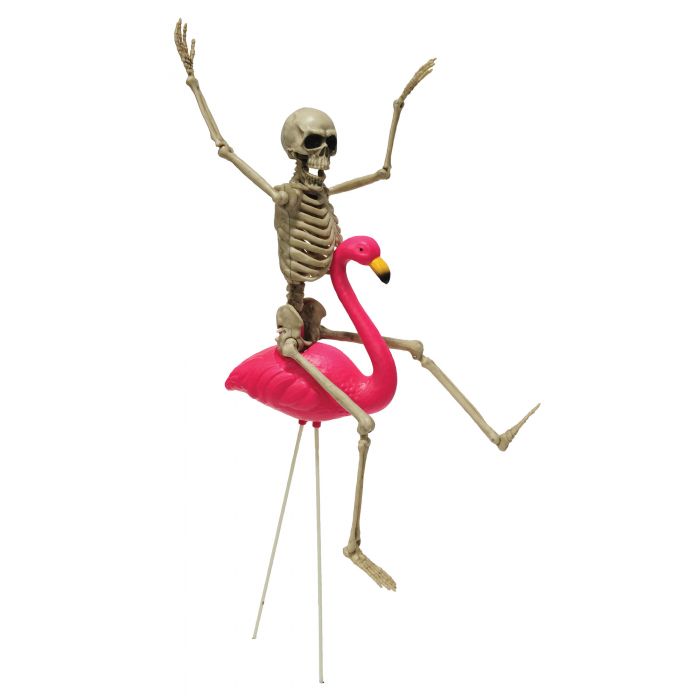 2 Flamingo Racers With Skeleton Riders Yard Prop