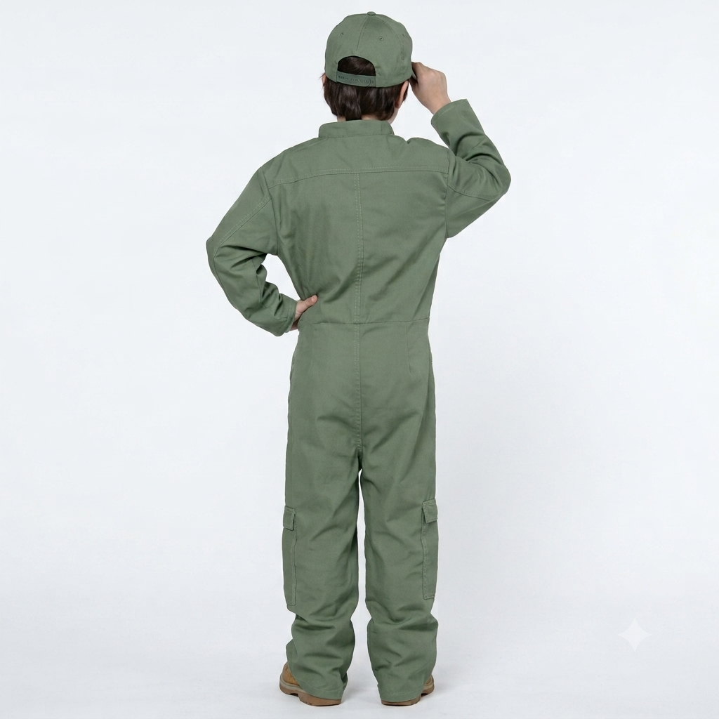 Child wearing a US Air Force Pilot Uniform Military Soldier Costume with hat- back of costume.