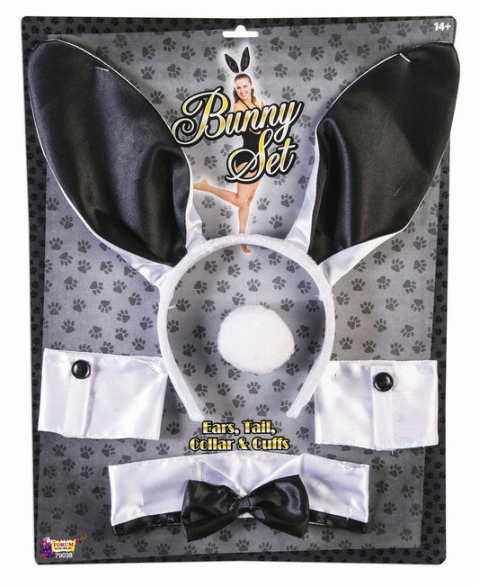 Black and White Bunny Ears Tail Collar Cuffs Costume Accessory Kit