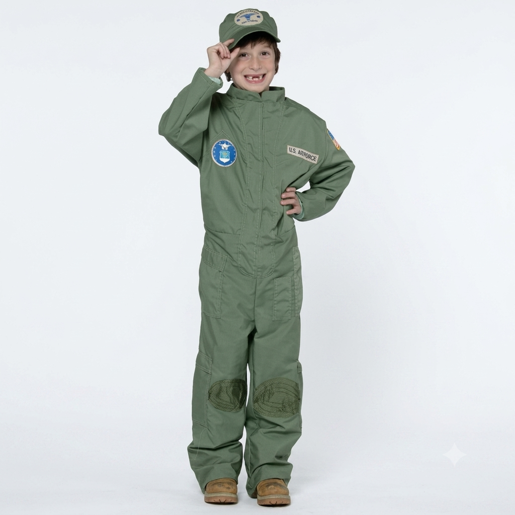 Child wearing a US Air Force Pilot Uniform Military Soldier Costume with hat.