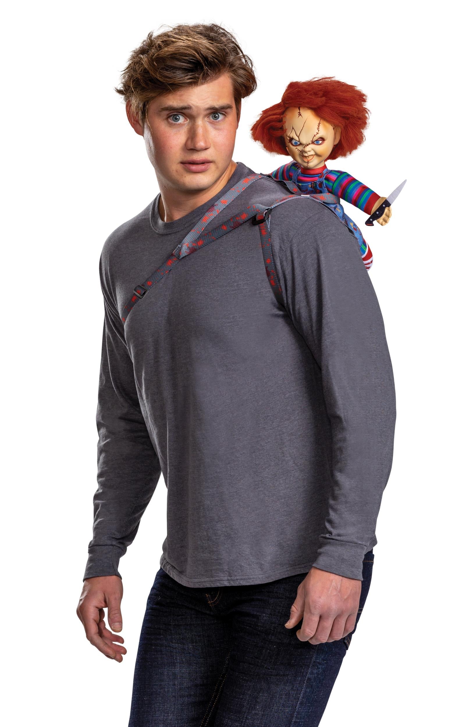 Chucky Back Harness 13 Inch Chucky Doll on back of model