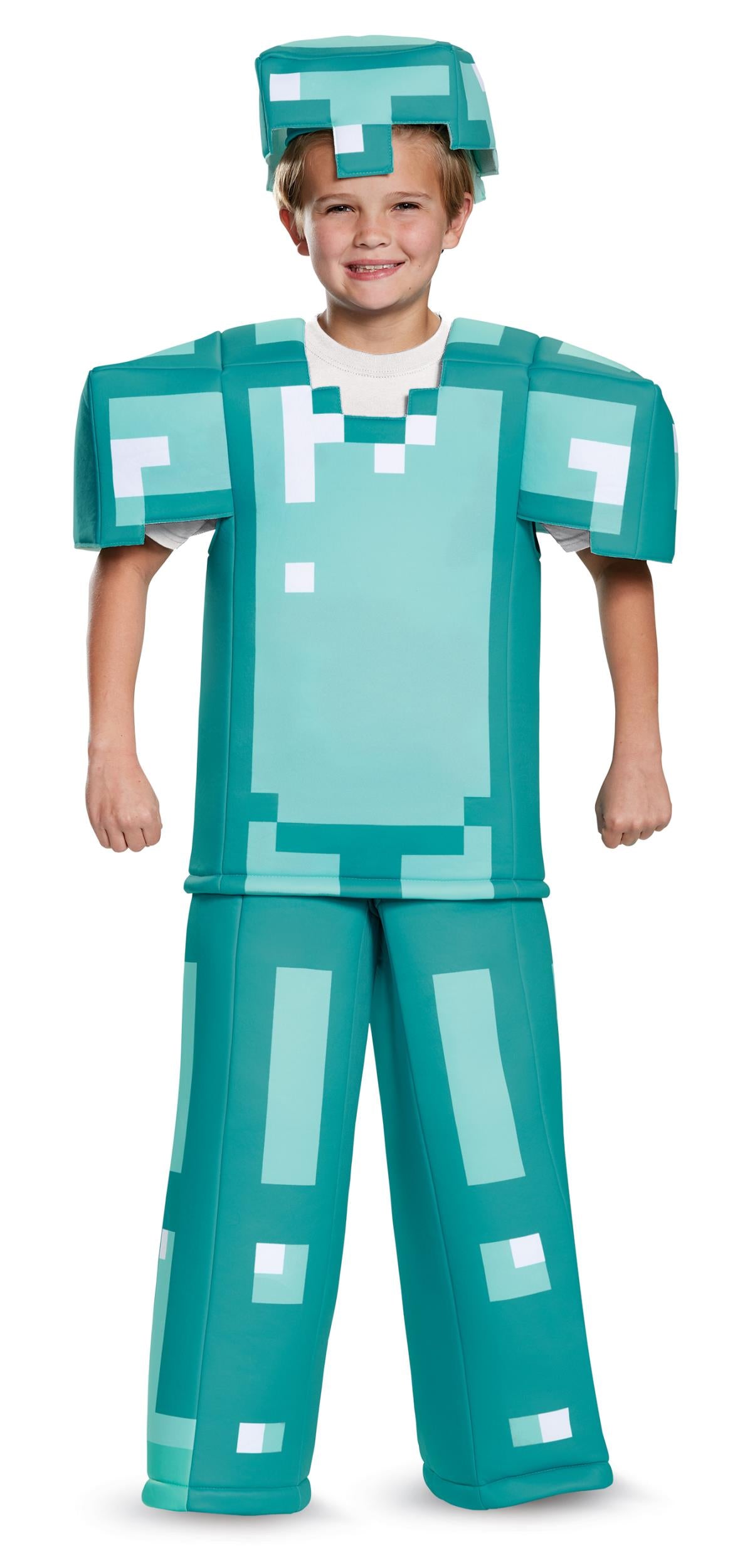 A child wearing a green Minecraft-themed diamond armor costume with a headpiece and dimensional tunic and arms.