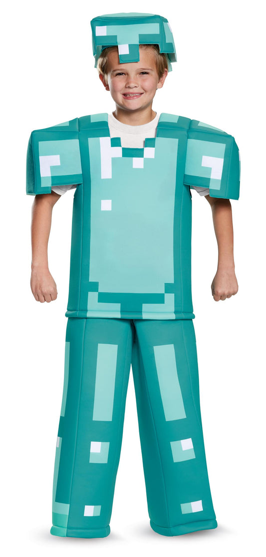 A child wearing a green Minecraft-themed diamond armor costume with a headpiece and dimensional tunic and arms.