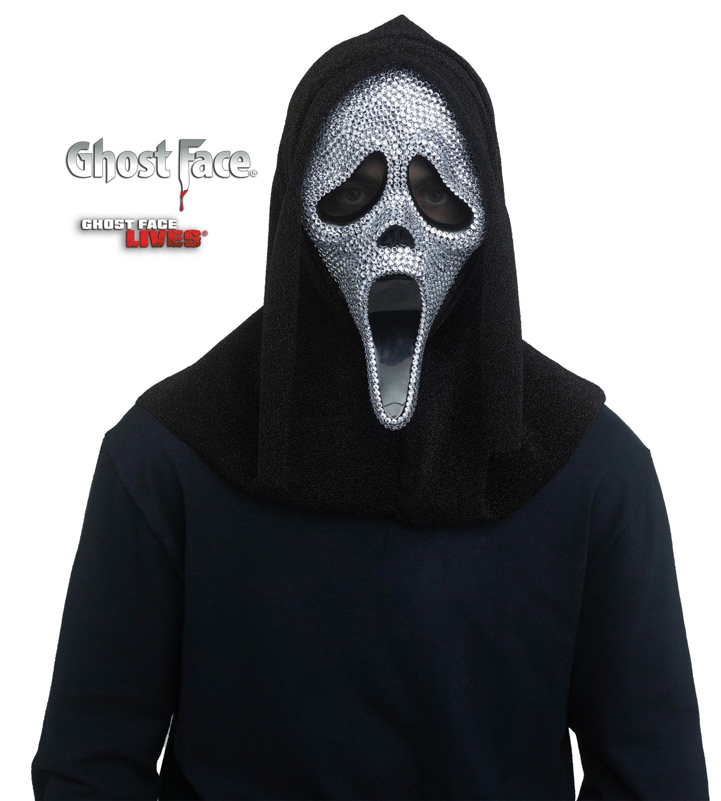 Person wearing a black hooded costume with a jewelled mask featuring a ghost face design on a white background.