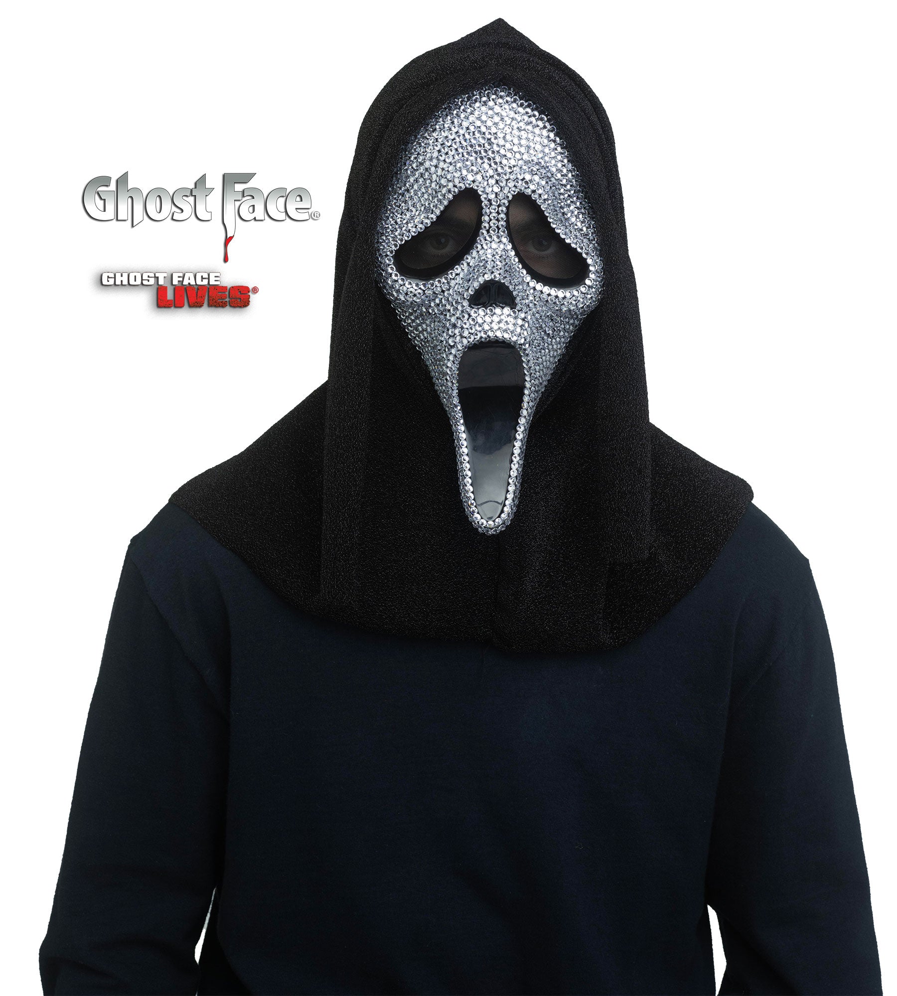Person wearing a black hooded costume with a jewelled mask featuring a ghost face design on a white background.