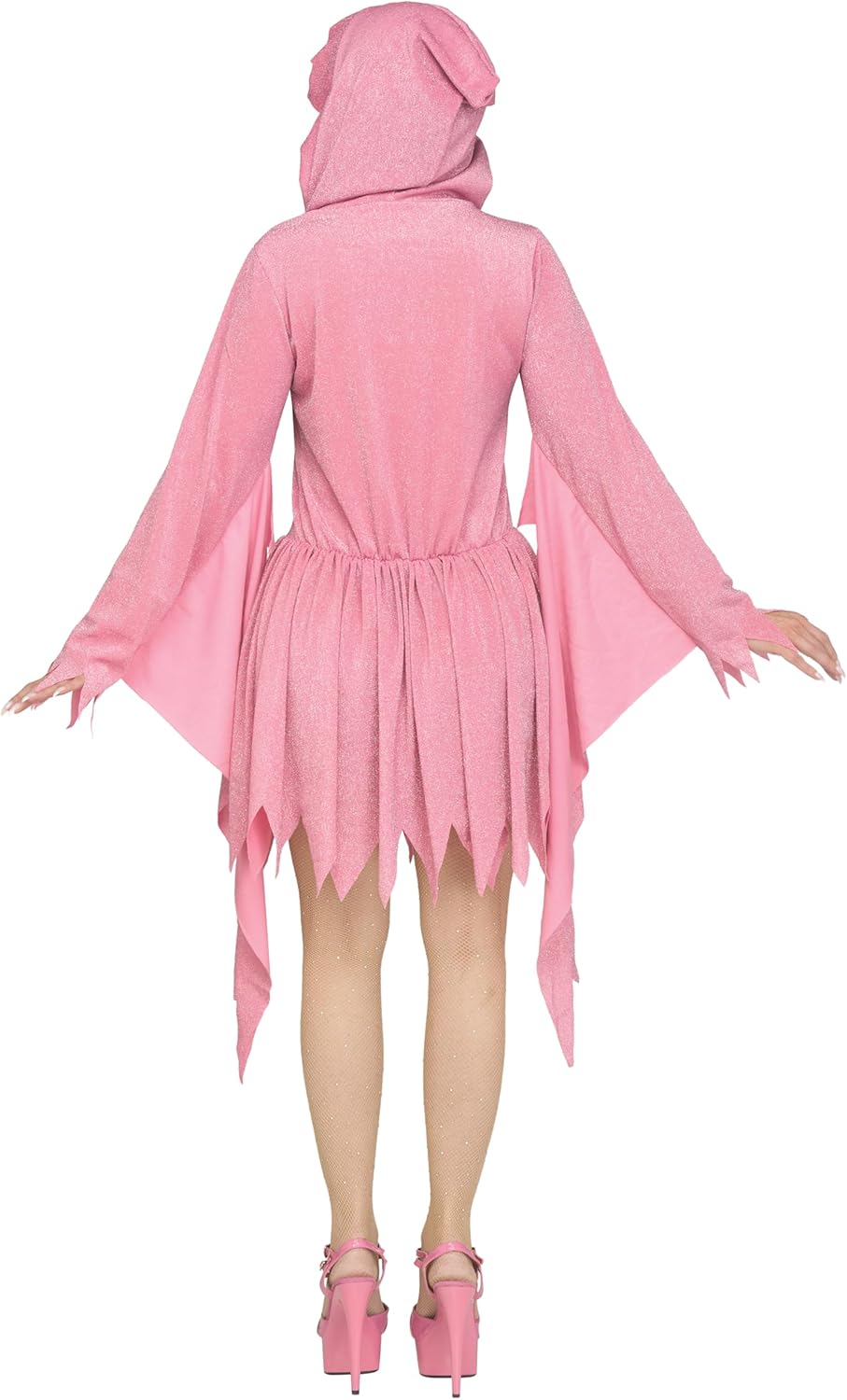 Pink hooded dress with a sheer overlay on a white background backside view