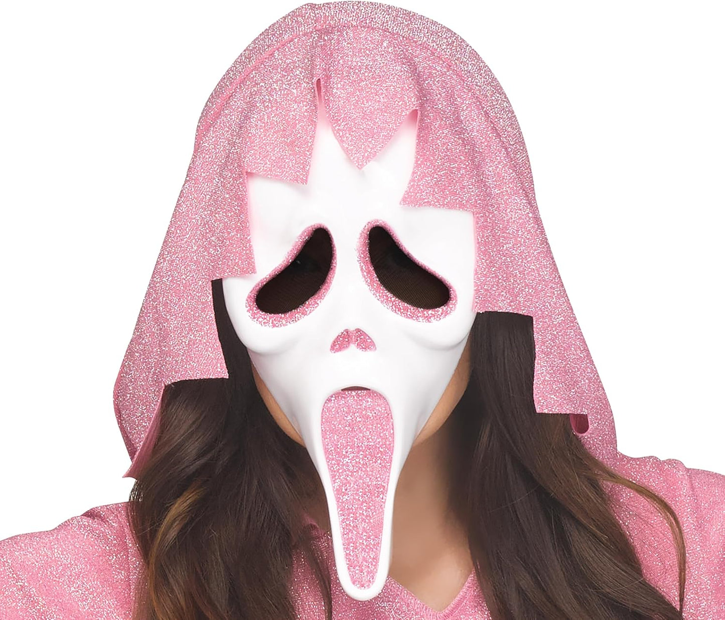 Person wearing a pink hooded costume with a white mask featuring a scream design.