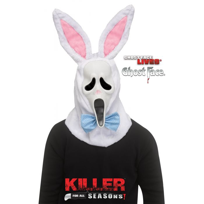 Mask with bunny ears and ghost face design on a black shirt with text, on a white background.