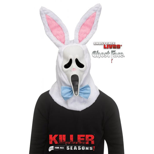 Mask with bunny ears and ghost face design on a black shirt with text, on a white background.