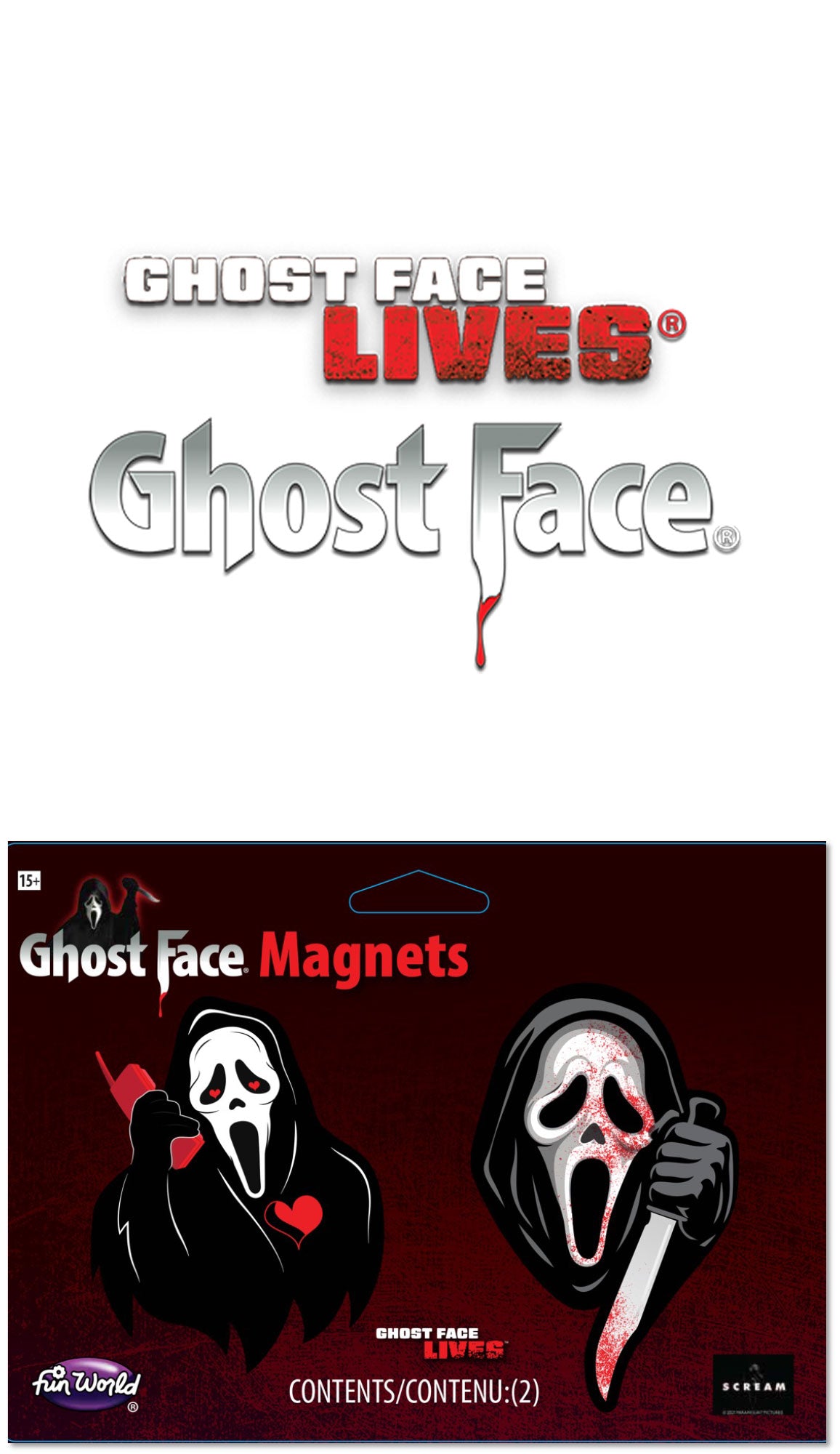 Packaging of Ghost Face magnets with 'Ghost Face Lives' text above.