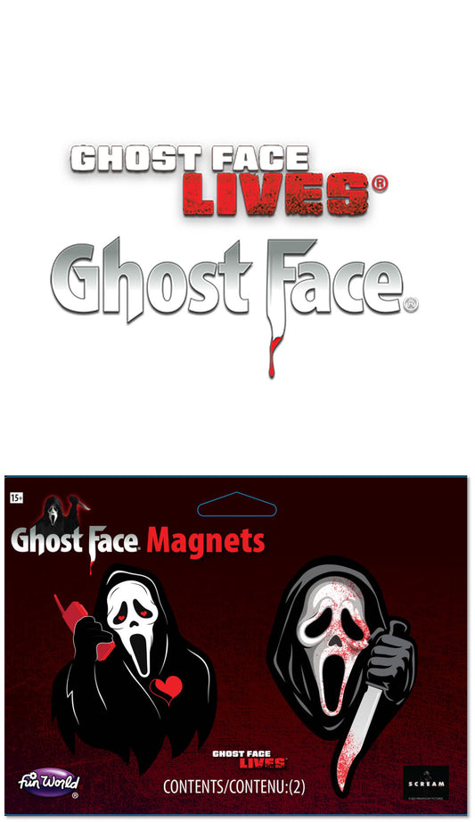 Packaging of Ghost Face magnets with 'Ghost Face Lives' text above.