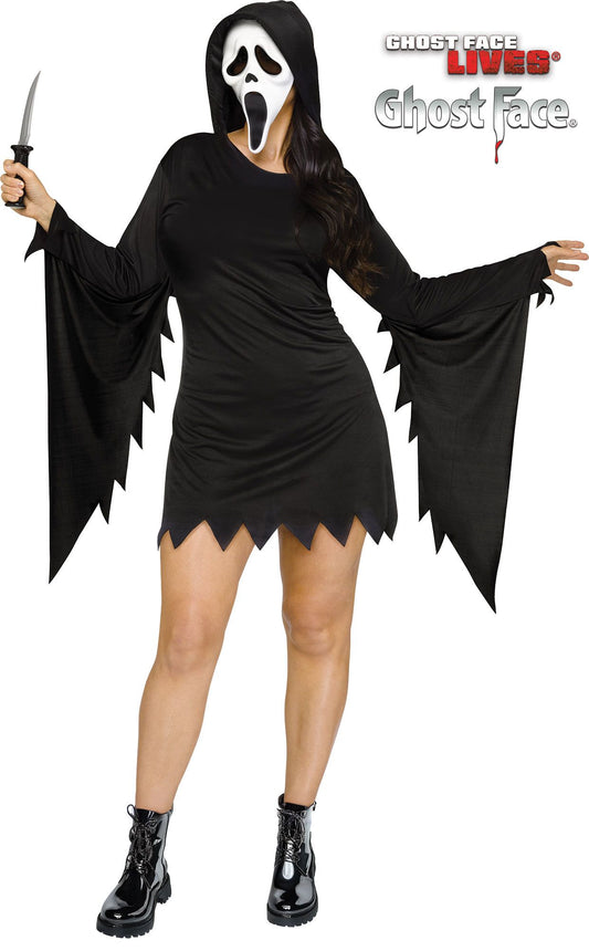 Person wearing a black ghost face Halloween costume with a white mask on a white background.