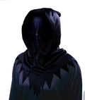 A person wearing a black hooded garment with a mesh 'invisibility' mask, showing the back view with the hood covering the head.