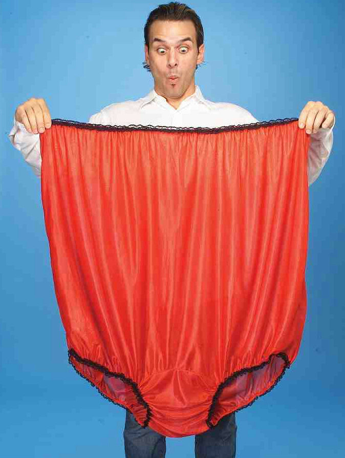 Giant Granny Panties Red Undies held by model with blue background