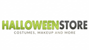 A digital logo for 'HALLOWEENSTORE' with the text 'COSTUMES, MAKEUP AND MORE' underneath, set against a plain white background.