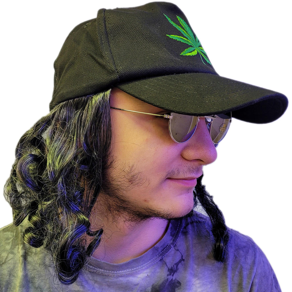 Hat with Gray Hair & Glasses Pot Leaf Herb Hippie Baseball Cap Hat side view