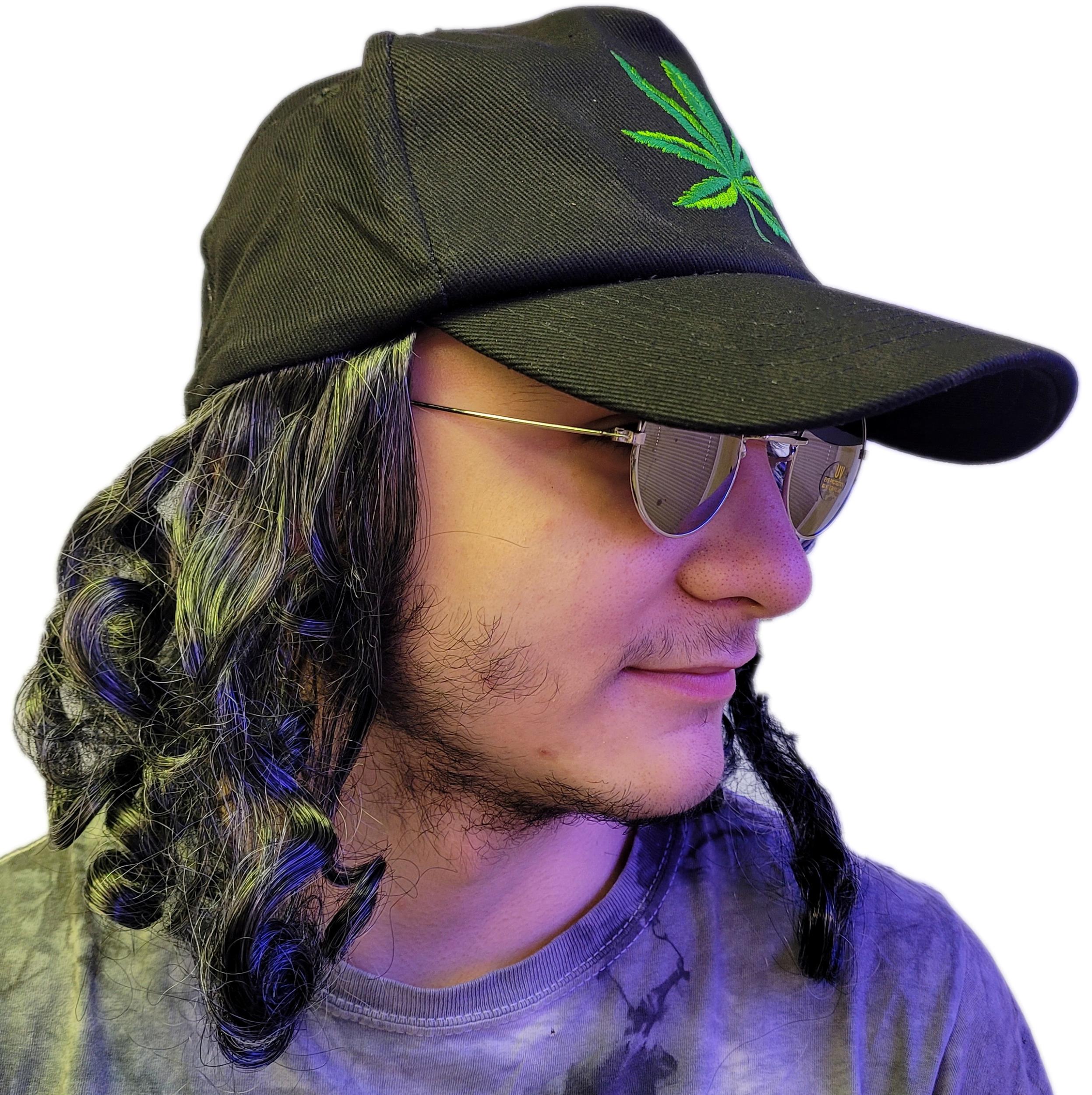 Hat with Gray Hair & Glasses Pot Leaf Herb Hippie Baseball Cap Hat side view