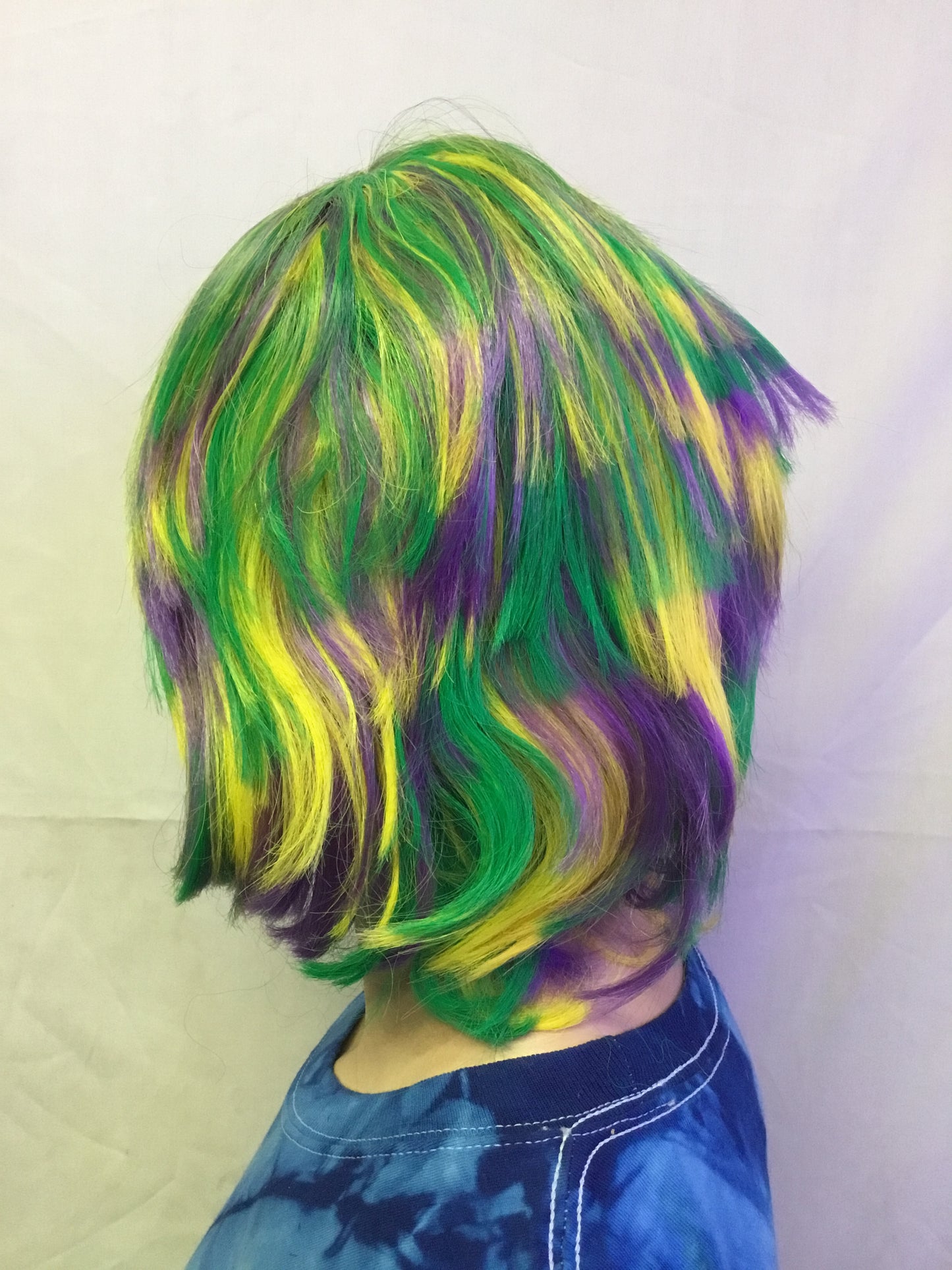 Mardi Gras Choppy Yellow Green Purple Layered Fat Tuesday Party Wig