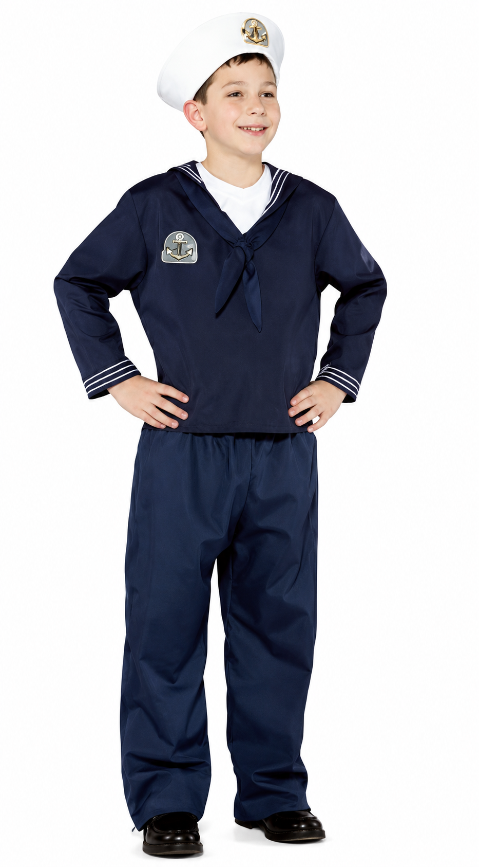 A young boy modeling a navy blue sailor costume set, which includes a long-sleeve top with white trim, matching pants, a white sailor hat, and black shoes, against a plain white background.
