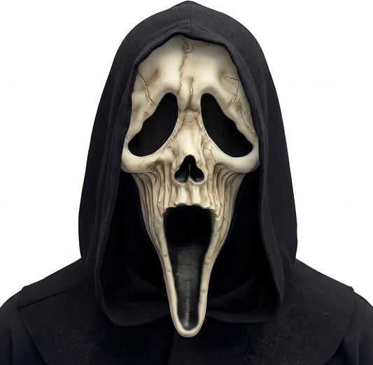 A Ghostface-style hooded mask with a bone-colored skull face, black eye openings, and an open mouth, worn over a black hoodie against a plain white background.