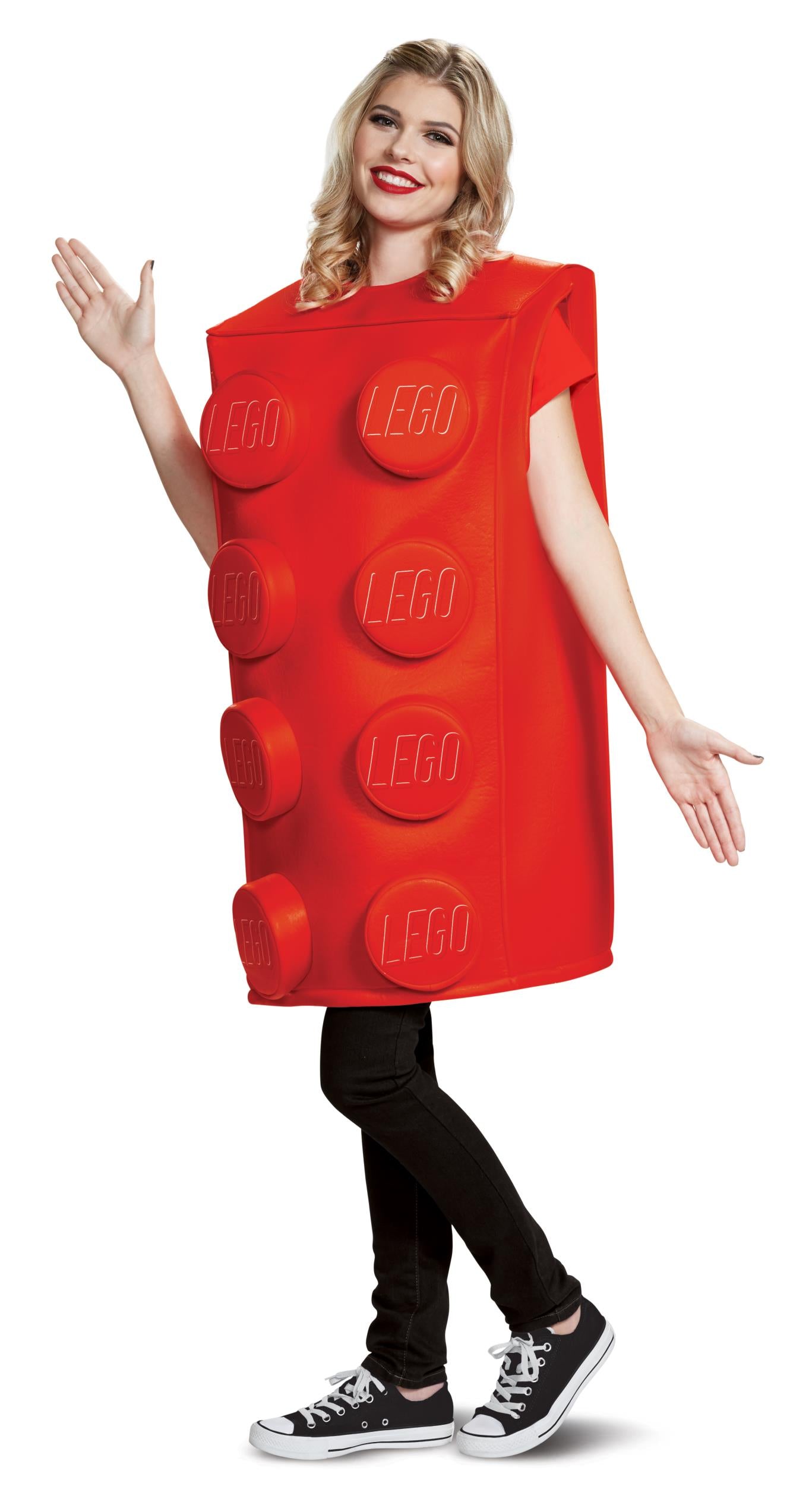 Red Lego Brick Tunic Adult female wearing Costume side view