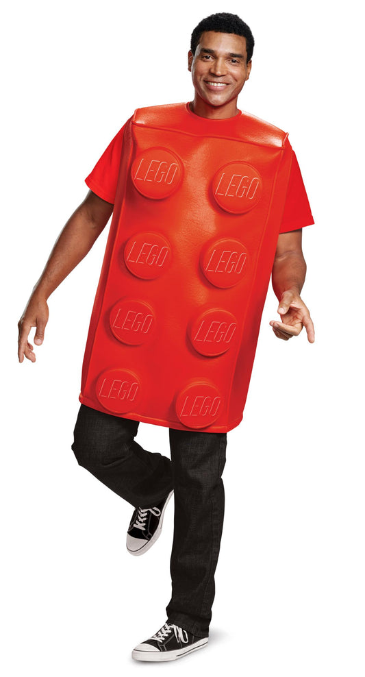 An adult male model wearing a red Lego brick tunic costume, designed to look like a large Lego piece.