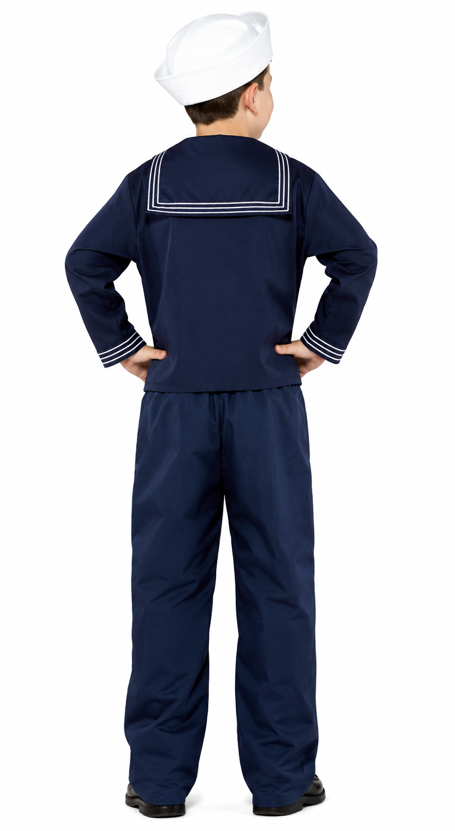 A child model shown from the back wearing a navy blue sailor uniform with white trim, a matching white sailor cap, and dark shoes against a plain white background.