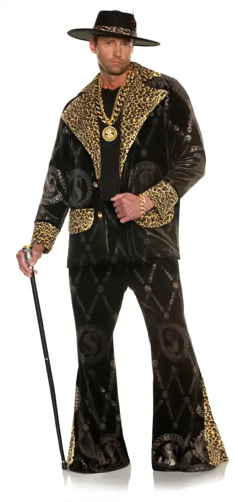 Men's 70's Black Velvet Pimp Suit High Roller Pimp Daddy Adult Costume