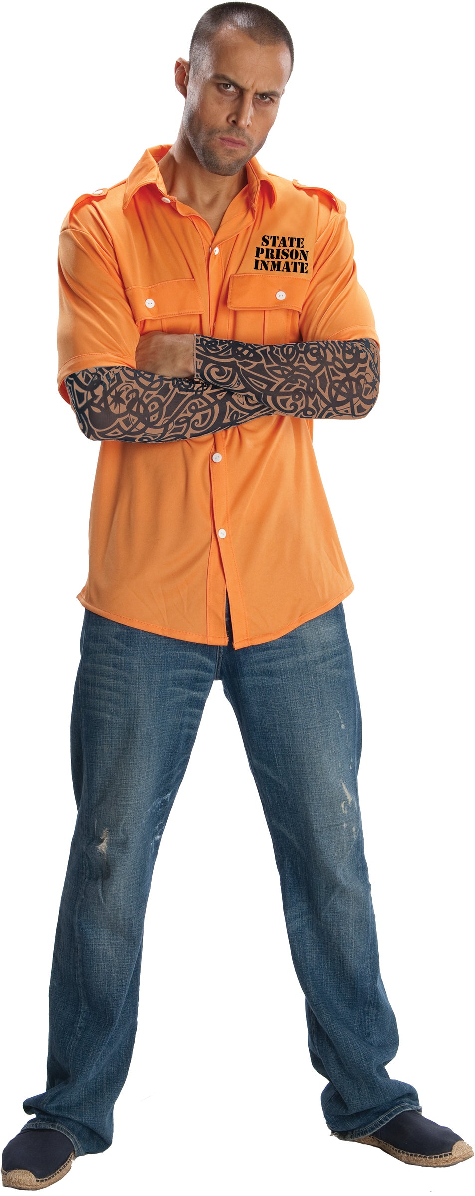 Orange Prisoner Shirt With Tattoo Sleeves Men's Costume Standard