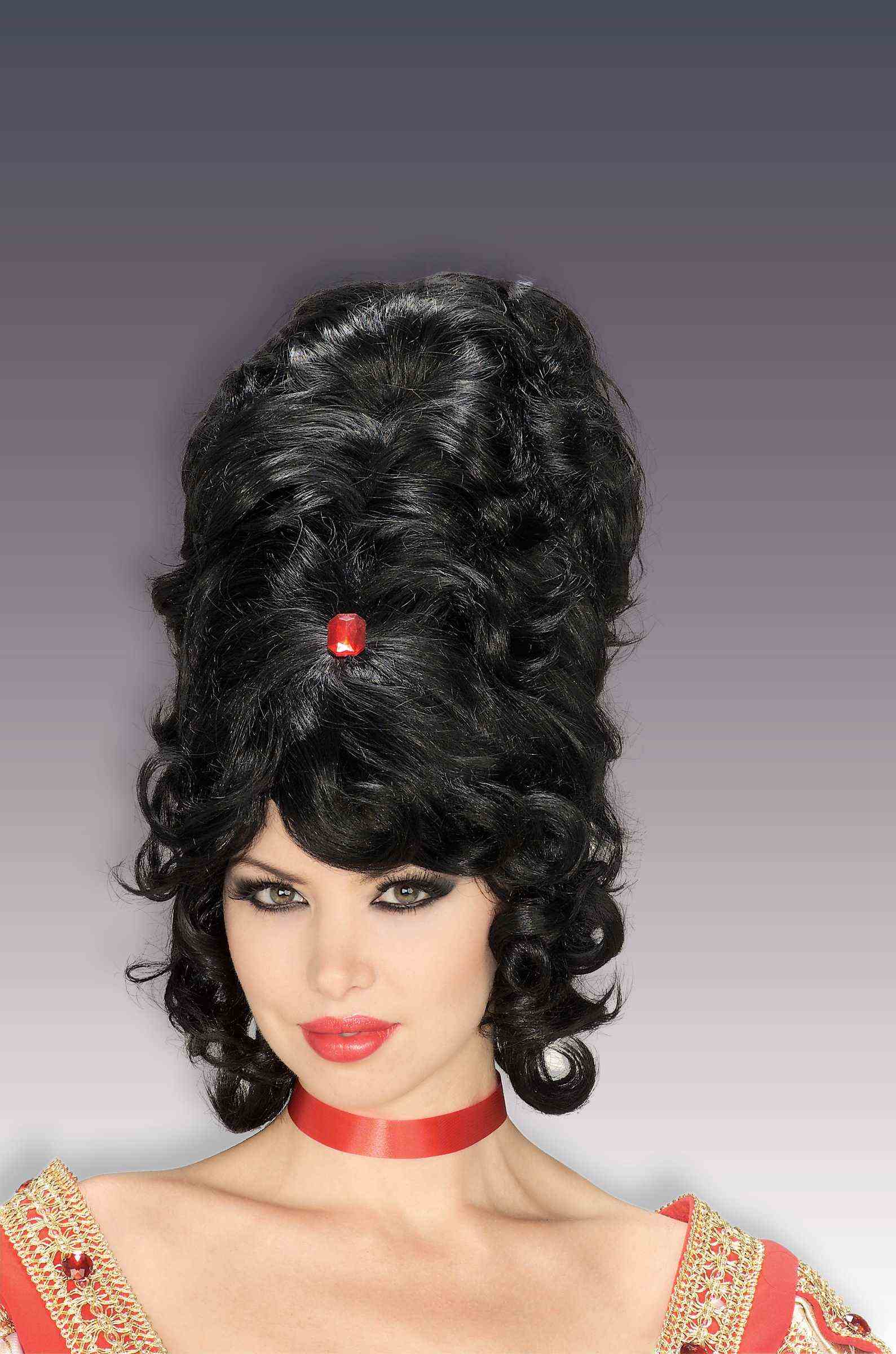 Tall Black Beehive Gogo Women's Wig With Red Jewel