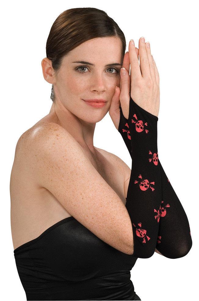 Women's Sexy Black and Red Skull Cross Bones Fingerless Arm Warmer Gloves