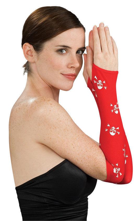 Women's Sexy Red with White Skull Cross Bones Fingerless Arm Warmer Gloves