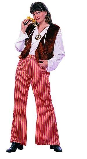 60's Groovy Female Hippie Adult Costume Fur Vest Striped Bell Bottom Pants