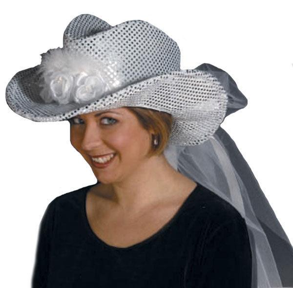 Silver Sequin Cowgirl Bride Hat with Veil Adult Bachelorette Party Accessory