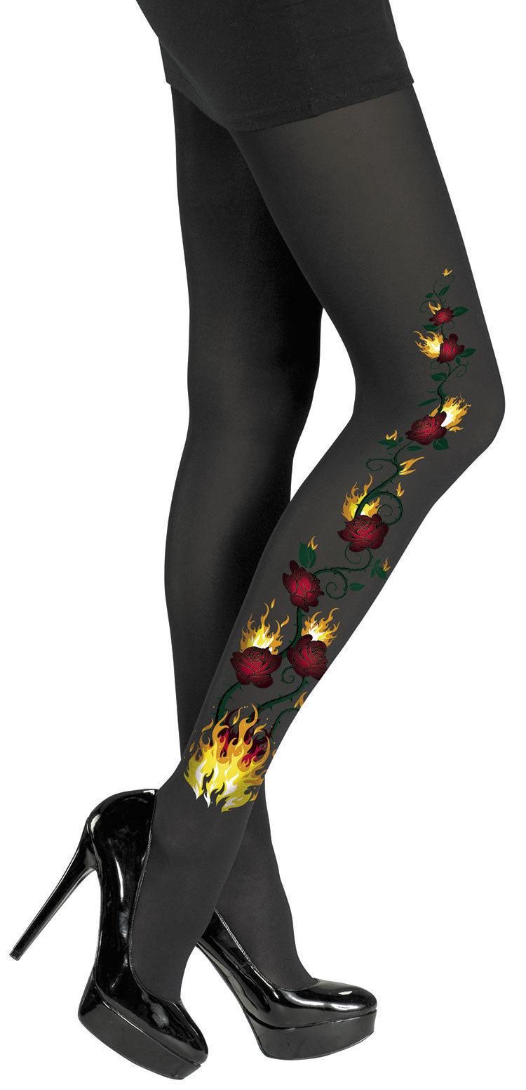 Flames and Roses Black Nylon Pantyhose