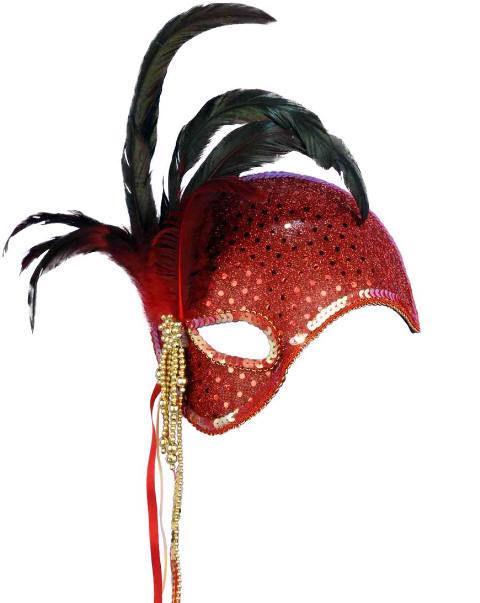 Red Mystique Venetian Masquerade Mask with Feathers