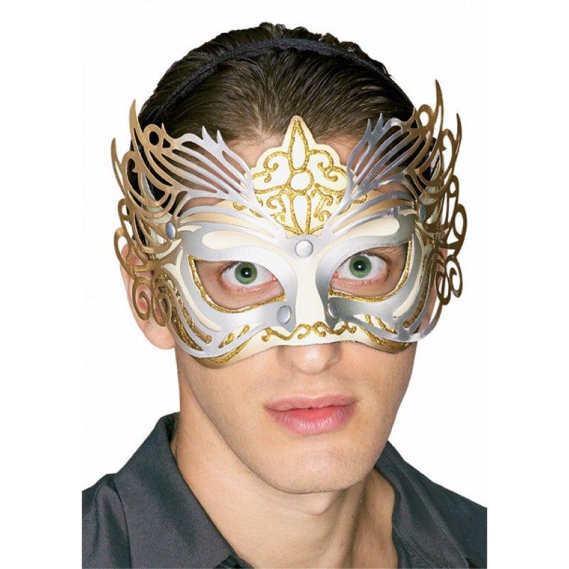 Gold & Silver Filigree Venetian Mardi Gras Eye Mask on a Headband