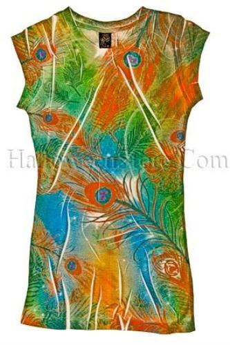 Orange Teal Green Peacock Feather Juniors Sublimation Tee Shirt Size Small