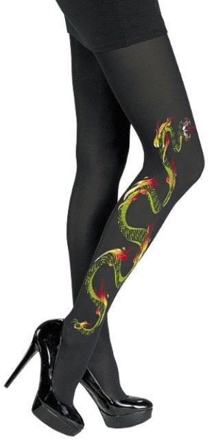 Black Opaque Nylon Pantyhose with Printed Snake Design