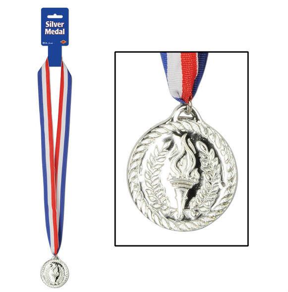Plastic Silver Medal with Ribbon Award Prize