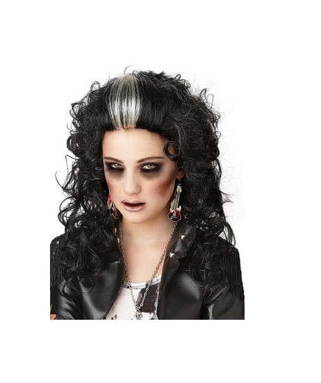 Rocked Out Zombie Black Curly Wig with White Streak