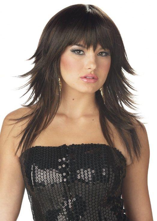 Dark Brown Feathered and Flirty Long Wig with Bangs