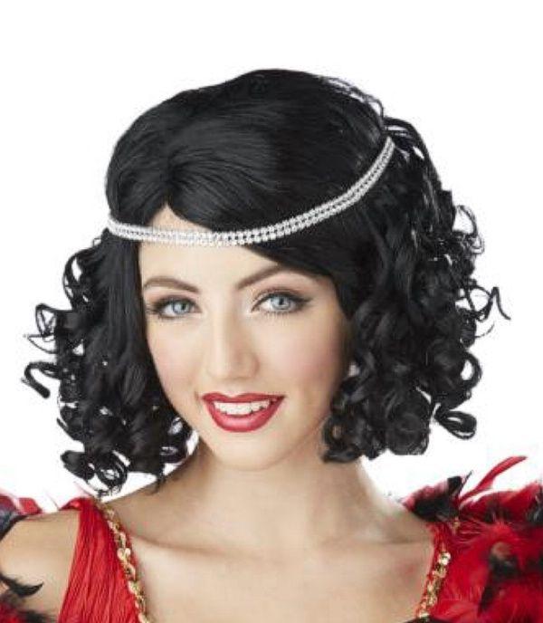 Ritzy Black Curly Flapper Wig with Rhinestone Headband