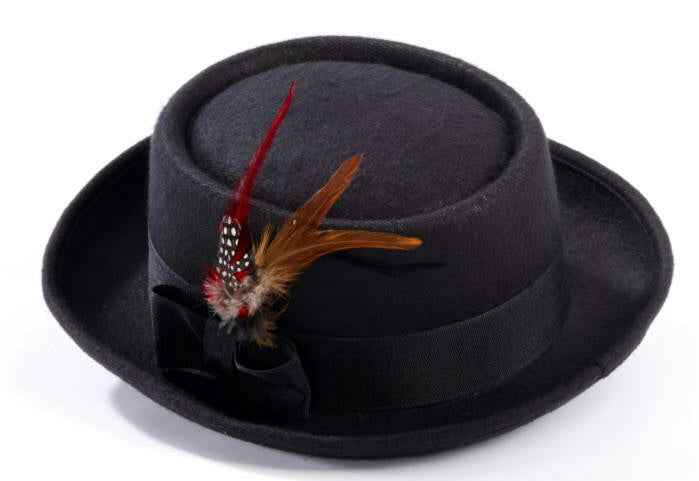 Black Pork Pie Costume Hat with Feather